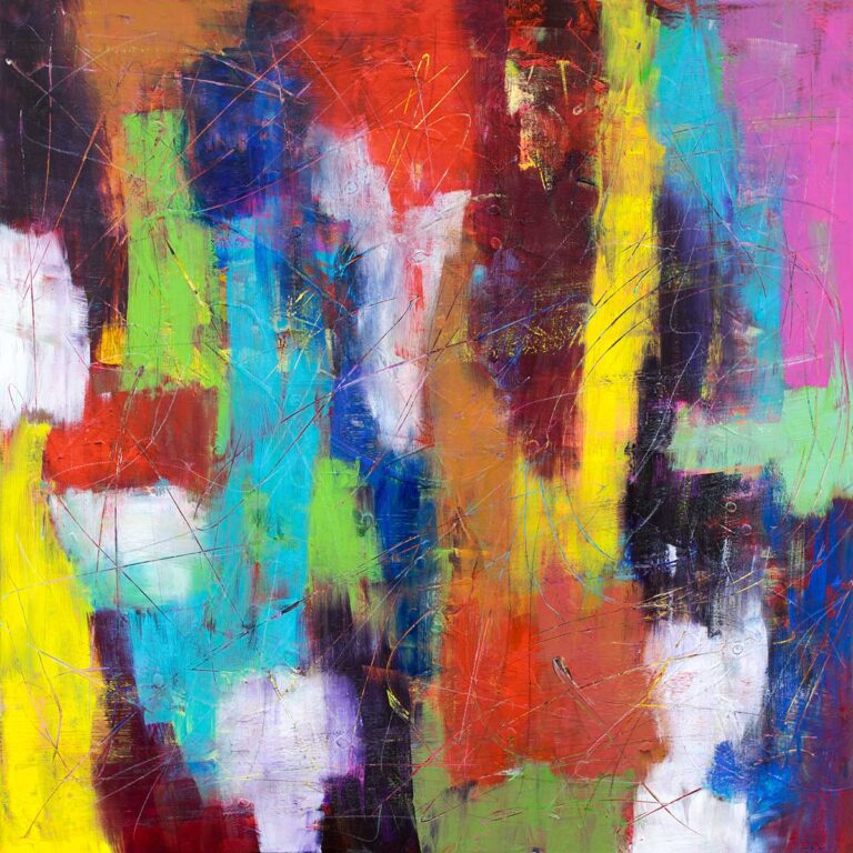 Abstrakt maleri med varme toner, kølige kontraster og harmonisk farveanker