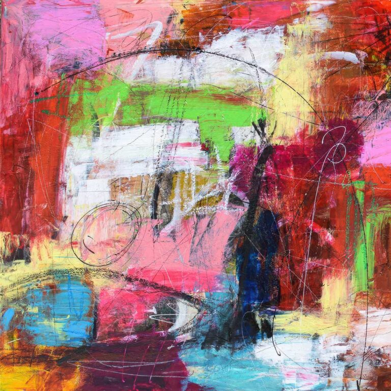 Farverig indretning med kunst, møbler og vægflader i samlet rumlig balance