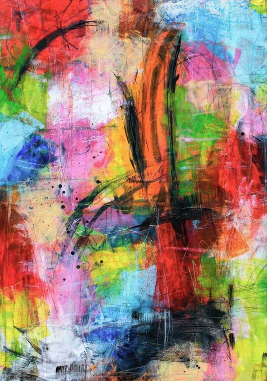 Farverigt kunstmotiv med mørke felter, lyse kontraster og klar visuel tyngde